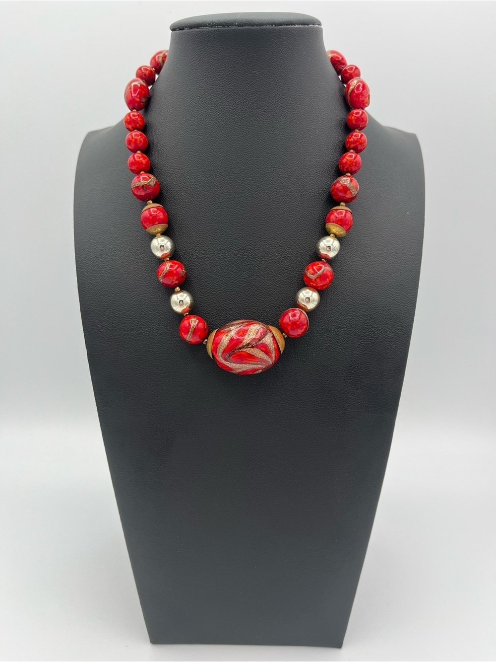 Vintage Signed Miriam Haskell Red Art Glass & Copper Foil Choker Necklace
